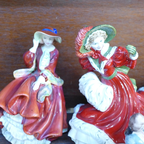 668 - Three Royal Doulton figures, two Royal Worcester figures, Worcester figures a/f, and other continent... 