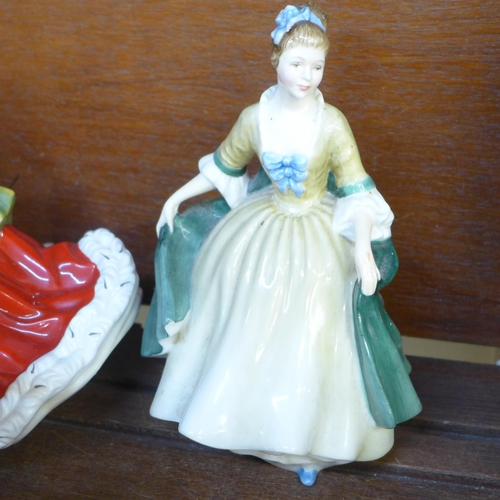 668 - Three Royal Doulton figures, two Royal Worcester figures, Worcester figures a/f, and other continent... 