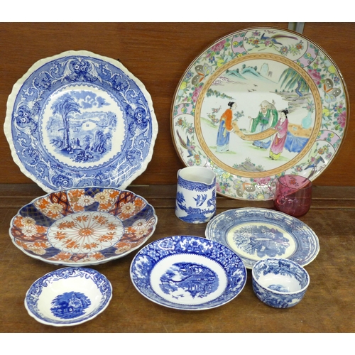 680 - An oriental charger and plate, blue and white china and a cranberry glass custard cup **PLEASE NOTE ... 