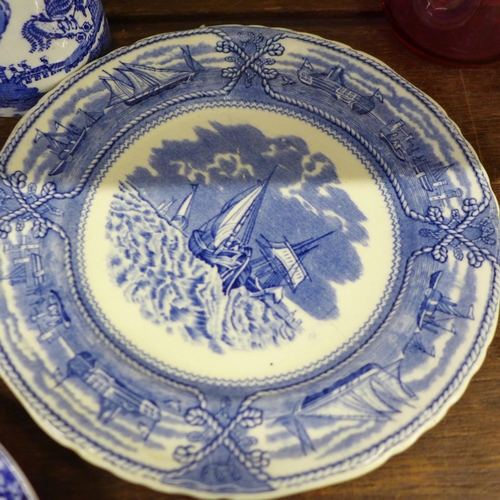 680 - An oriental charger and plate, blue and white china and a cranberry glass custard cup **PLEASE NOTE ... 