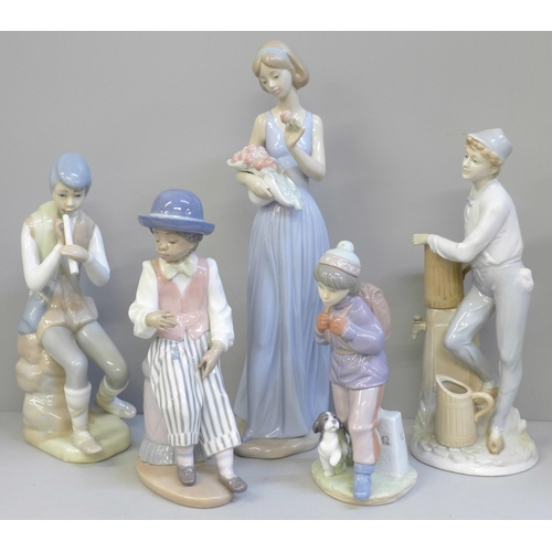 690 - Two Lladro figures, Thursday's Child and Jazz Sax, (missing saxophone), a Nao figure and two others ... 