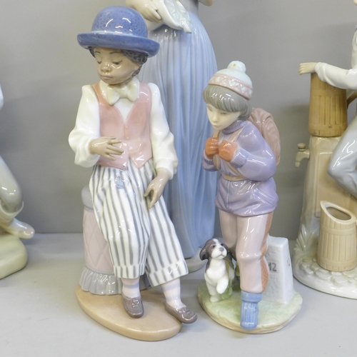 690 - Two Lladro figures, Thursday's Child and Jazz Sax, (missing saxophone), a Nao figure and two others ... 