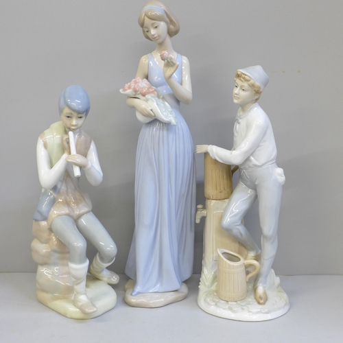 690 - Two Lladro figures, Thursday's Child and Jazz Sax, (missing saxophone), a Nao figure and two others ... 