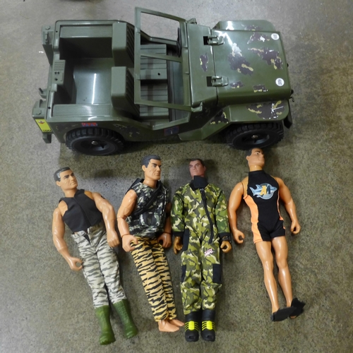 704 - Six Action Men, a Jeep, radio, earphones, etc.