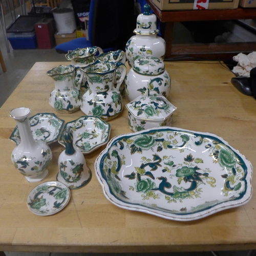 706 - A box of Mason's Chartreuse ironstone, jugs, ginger jar, (lid a/f) and dishes **PLEASE NOTE THIS LOT... 