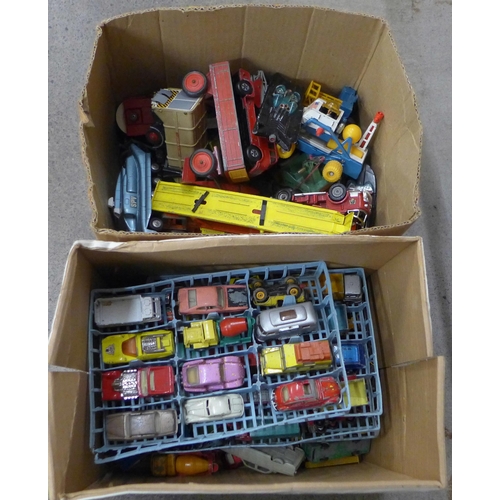 710 - A box of early Matchbox die-cast model vehicles, playworn and a box of mixed Corgi and Dinky includi... 