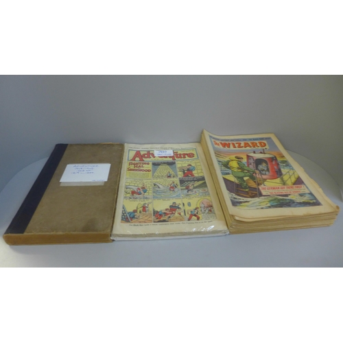 727 - A collection of vintage comics, Adventure, 1948-1950, Wizard, 1953 and Rover, 1958-1959