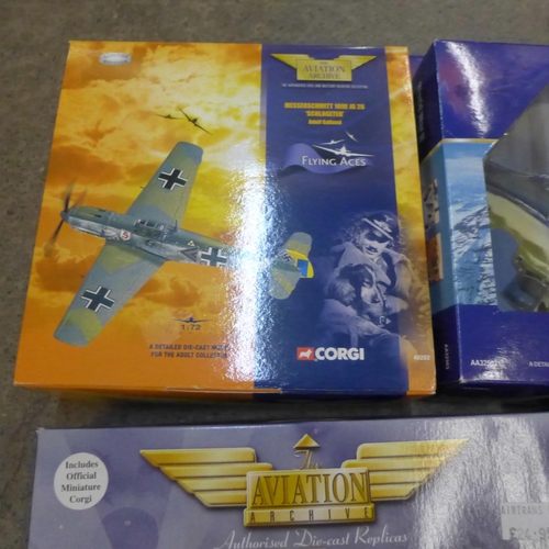 749 - Five model aircraft; three Corgi Aviation Archive including Battle of Britain Lancaster; Corgi WWII ... 