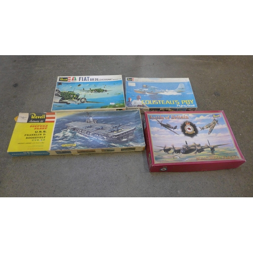 753 - Vintage Revel model kits; USS Franklin D Roosevelt, Battle of Britain, Cousteau's PBY Flying Boat, F... 