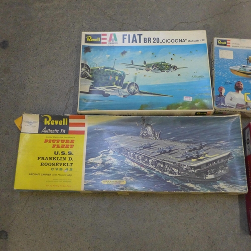 753 - Vintage Revel model kits; USS Franklin D Roosevelt, Battle of Britain, Cousteau's PBY Flying Boat, F... 