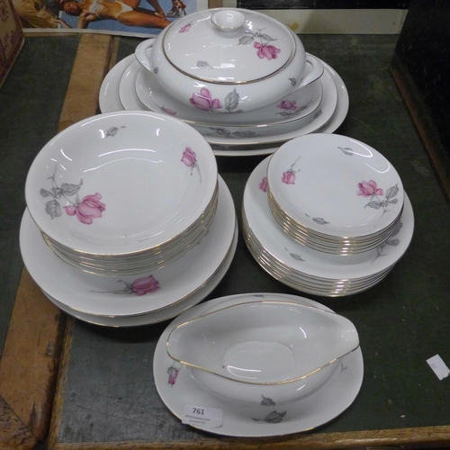 761 - German KPM Krister dinnerwares, six plates, six salad plates, four dinner plates, six soup bowls, tu... 