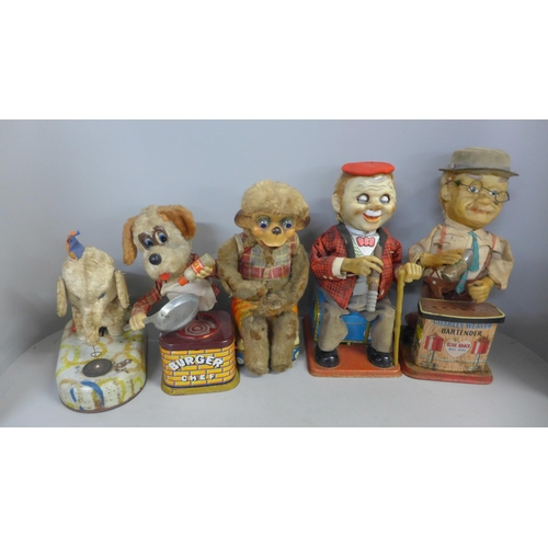 765 - Vintage tin-plate mechanical battery operated toys including Bar Tender, Elephant and Monkey Smoker