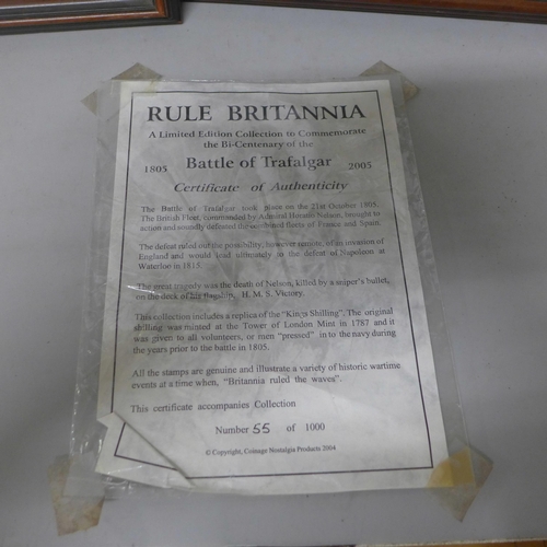 774 - Two framed commemorative displays, Last Days of Steam and Rule Britannia Trafalgar, coin and stamp d... 