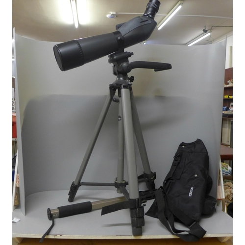 775 - An Opticron ES80GA waterproof spotting scope, made in Japan, with tripod, monostick and with three b... 