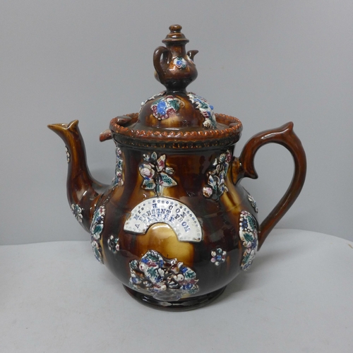 784 - A 19th Century bargeware teapot, inscribed Mrs H. Cox, A Present From Father **PLEASE NOTE THIS LOT ... 