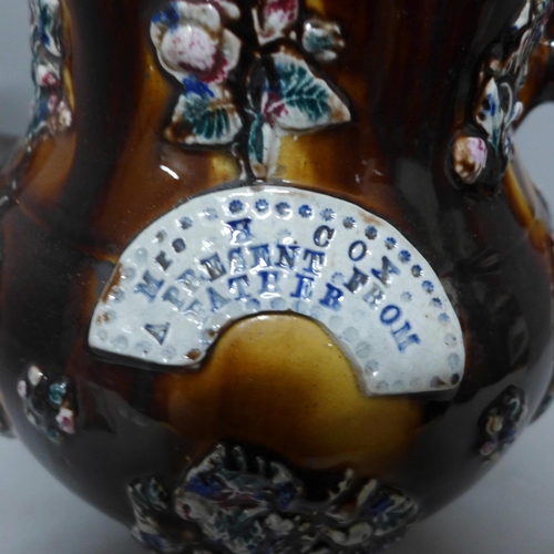 784 - A 19th Century bargeware teapot, inscribed Mrs H. Cox, A Present From Father **PLEASE NOTE THIS LOT ... 