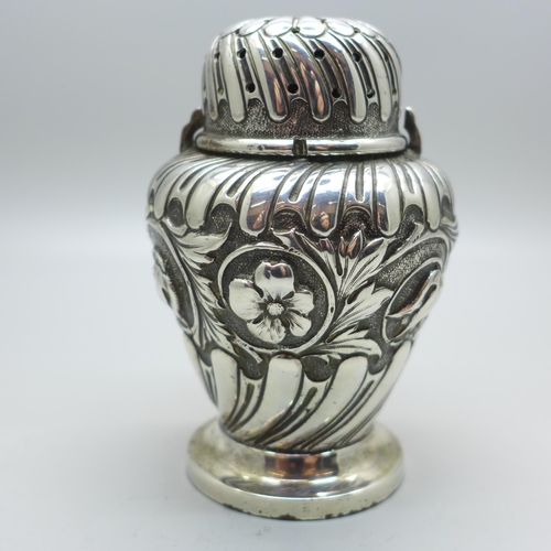 804 - A Walker & Hall embossed silver castor, Sheffield 1898, 106g, 9cm