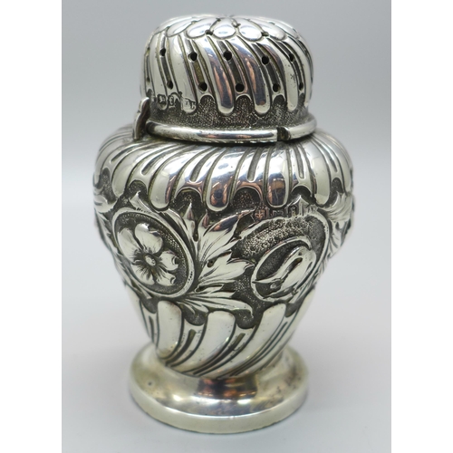 804 - A Walker & Hall embossed silver castor, Sheffield 1898, 106g, 9cm