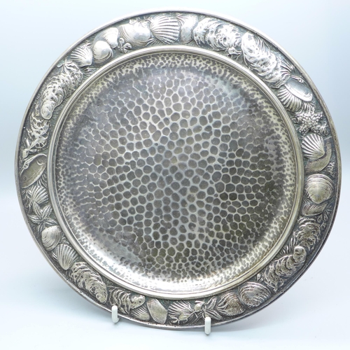 807 - A c1900 Whiting Manufacturing Co. American aesthetic movement hammered silver dish with border decor... 