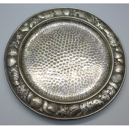 807 - A c1900 Whiting Manufacturing Co. American aesthetic movement hammered silver dish with border decor... 