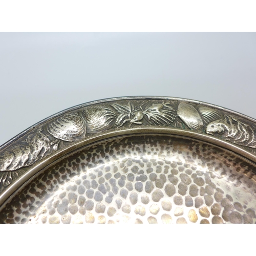 807 - A c1900 Whiting Manufacturing Co. American aesthetic movement hammered silver dish with border decor... 