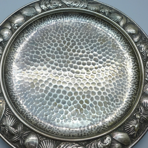 807 - A c1900 Whiting Manufacturing Co. American aesthetic movement hammered silver dish with border decor... 