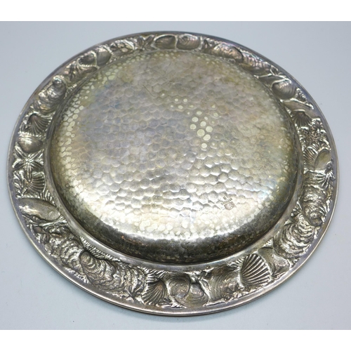 807 - A c1900 Whiting Manufacturing Co. American aesthetic movement hammered silver dish with border decor... 