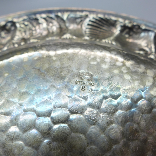 807 - A c1900 Whiting Manufacturing Co. American aesthetic movement hammered silver dish with border decor... 