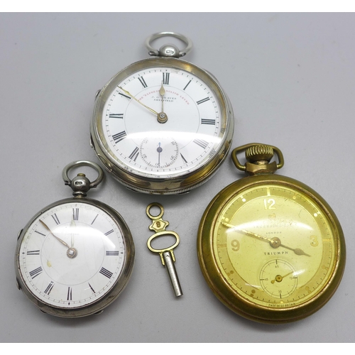 813 - A J.G. Graves silver pocket watch, a small silver fob watch and an Ingersoll pocket watch