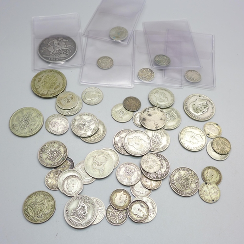 827 - Coins; 60g of pre 1920 silver coins including a Victorian 1889 crown and 146g of 1920 to 1946 coins