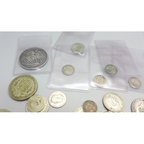 827 - Coins; 60g of pre 1920 silver coins including a Victorian 1889 crown and 146g of 1920 to 1946 coins