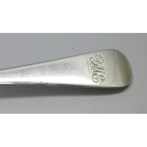 832 - A George III silver serving spoon, London 1812, 54g, a/f