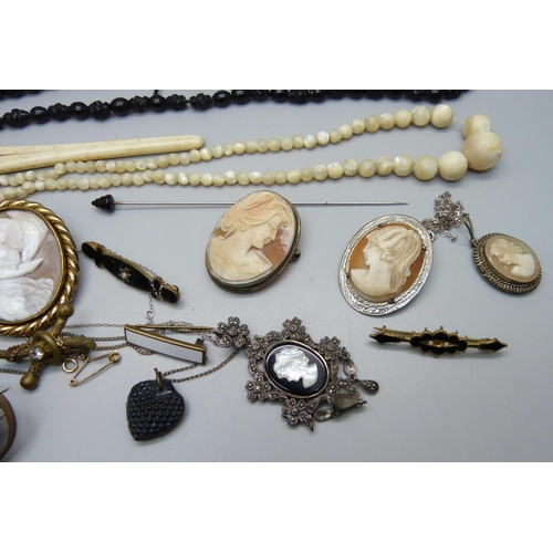 838 - Jet and other vintage jewellery, cameo brooches, etc., (one brooch lacking pin)