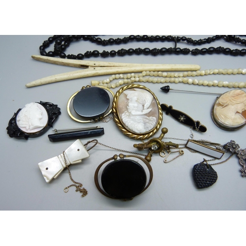 838 - Jet and other vintage jewellery, cameo brooches, etc., (one brooch lacking pin)