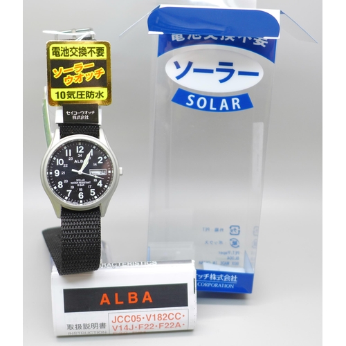 846 - An Alba Solar by Seiko Water Resistant military style wristwatch, (as new, with packaging)