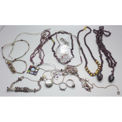 862 - A collection of silver and stone set jewellery and garnet necklaces