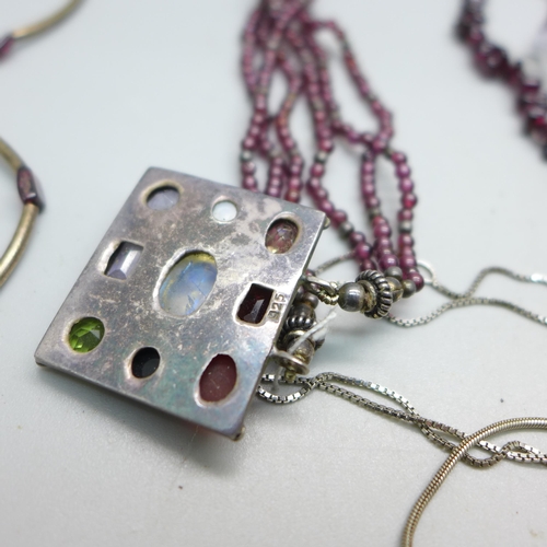 862 - A collection of silver and stone set jewellery and garnet necklaces