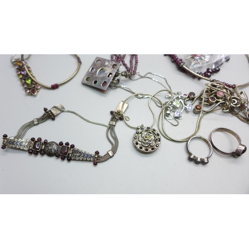 862 - A collection of silver and stone set jewellery and garnet necklaces