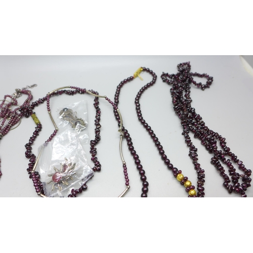 862 - A collection of silver and stone set jewellery and garnet necklaces