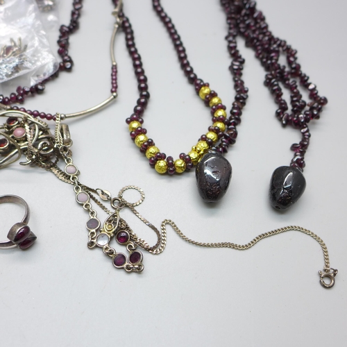 A collection of silver and stone set jewellery and garnet necklaces