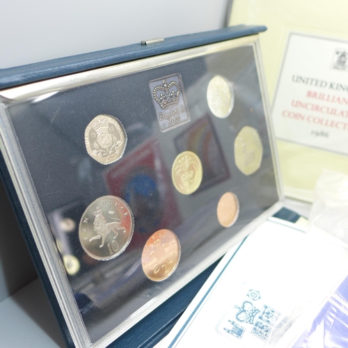 863 - Seven coin sets; Royal Mint 1985 and 1986, 1982 GB, and four Brilliant Uncirculated, 1984, '85, '86 ... 