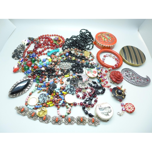 867 - Costume jewellery including faceted bead necklaces, Stratton compact, etc.