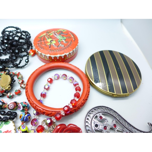 867 - Costume jewellery including faceted bead necklaces, Stratton compact, etc.