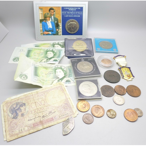 872 - A tin of GB coins, a £5 coin and banknotes