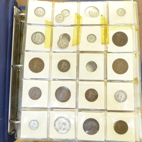 876 - An album of coins, ten pages of GB, 1910 onwards and five pages of foreign coins and some medallions... 