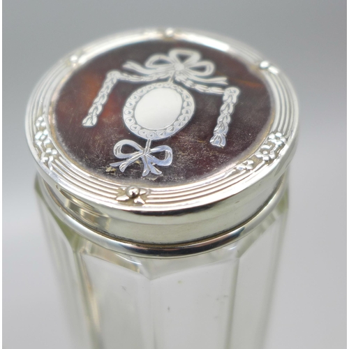 879 - Two silver and tortoiseshell topped glass jars