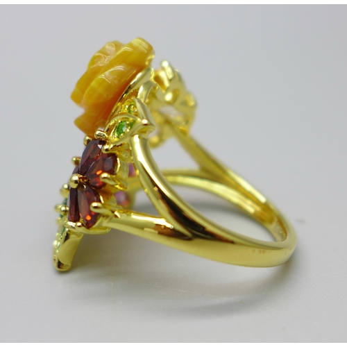 887 - A silver gilt, yellow carved mother of pearl, garnet, pearl, amethyst, citrine and diopside ring, M