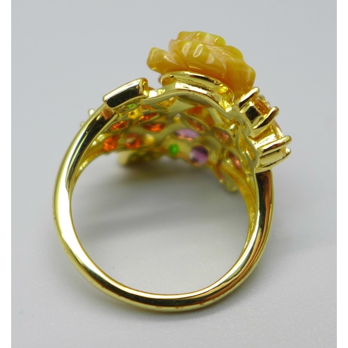 887 - A silver gilt, yellow carved mother of pearl, garnet, pearl, amethyst, citrine and diopside ring, M