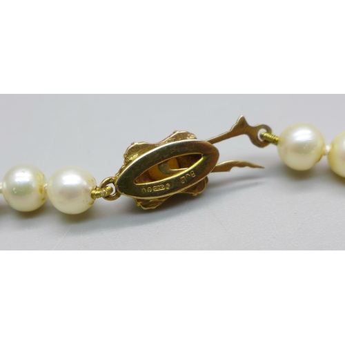 889 - A cultured pearl necklace set on a 9ct gold clasp, 23.9g