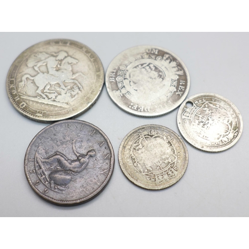 912 - Five George III coins; an 1819 crown, a 1799 shilling, an 1819 and 1817 silver shilling and a 1816 h... 